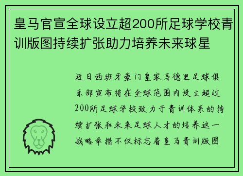 皇马官宣全球设立超200所足球学校青训版图持续扩张助力培养未来球星 ⚽🌍 皇马官宣全球设立超200所足球学校青训版图持续扩张助力培养未来球星 ⚽🌍